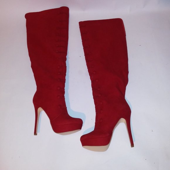 Just Fab Over the Knee Boots Womens Size 10 Solid Red Button Detail Platform Sid - Picture 9 of 16